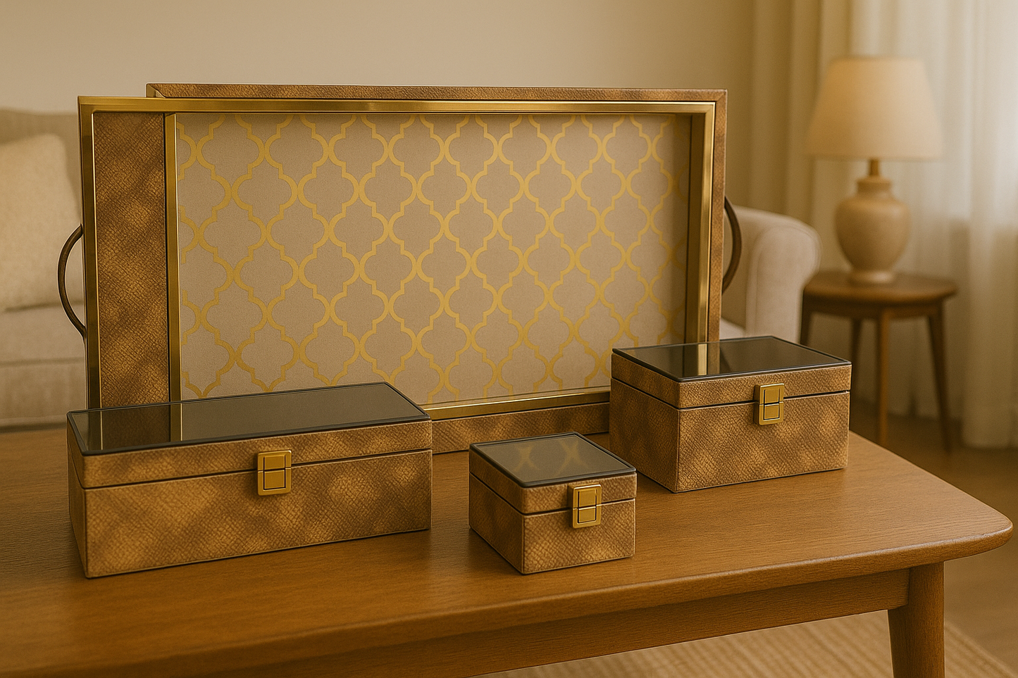 Brown crocodile print tray set